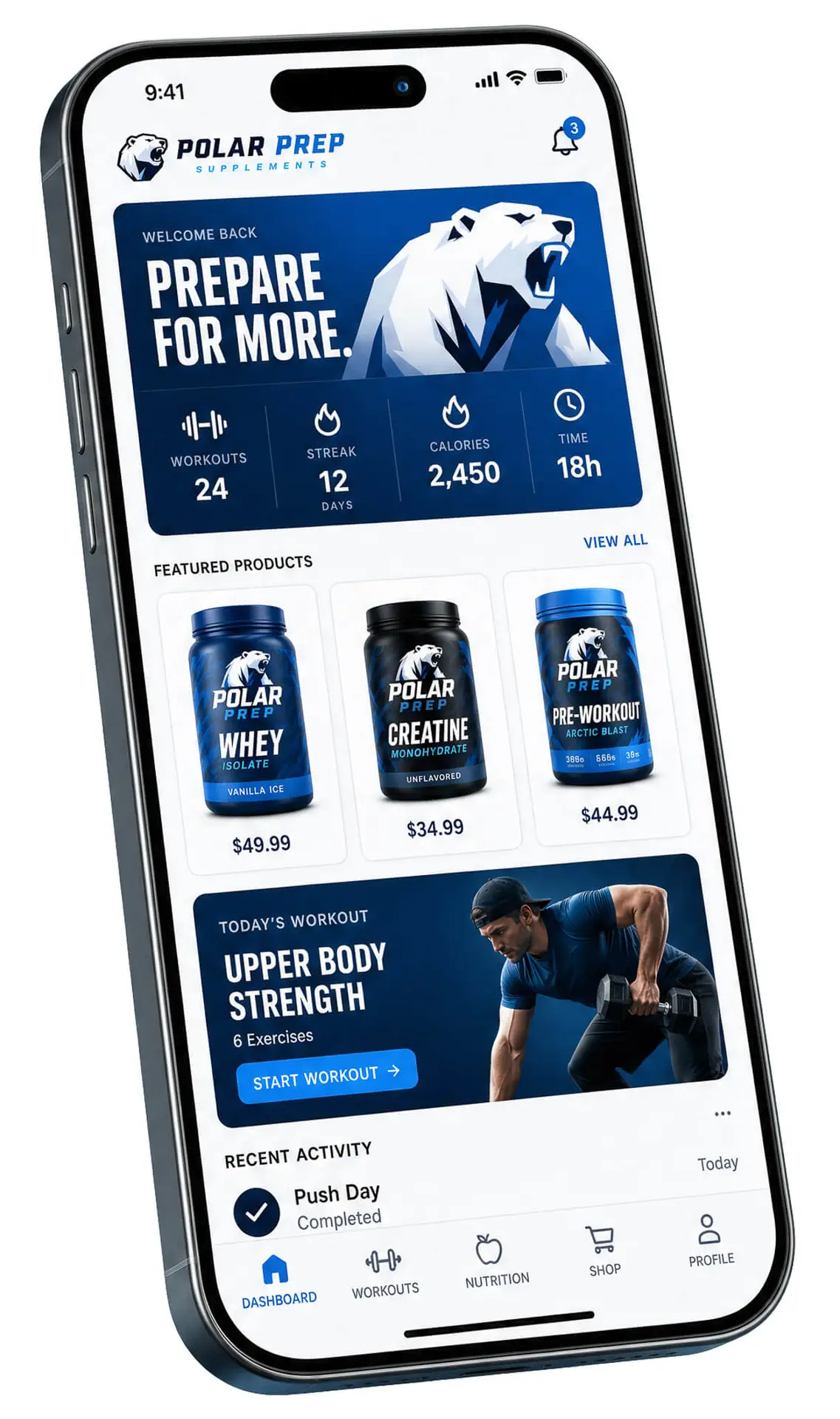 Polar Prep mobile app for workout tracking, supplement logging, and reordering